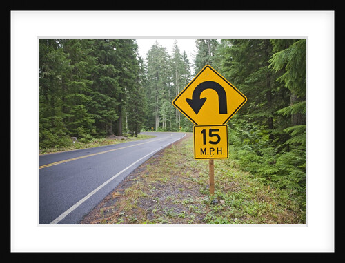 A signpost on a forest road warning of a U turn in the Cascade Mountains of Central Oregon by Anonymous
