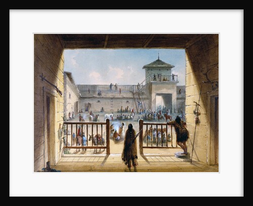 Interior of Fort Laramie with American Soldiers and Native Americans by Alfred Jacob Miller