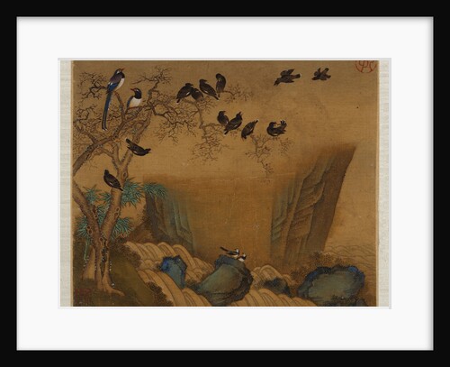 Mynah birds gathering in a tree by a stream from an album of bird paintings by Gao Qipei