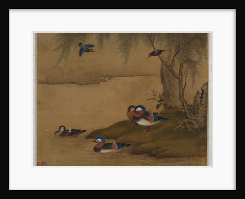 Mandarin ducks playing on a willow bank from an album of bird paintings by Gao Qipei