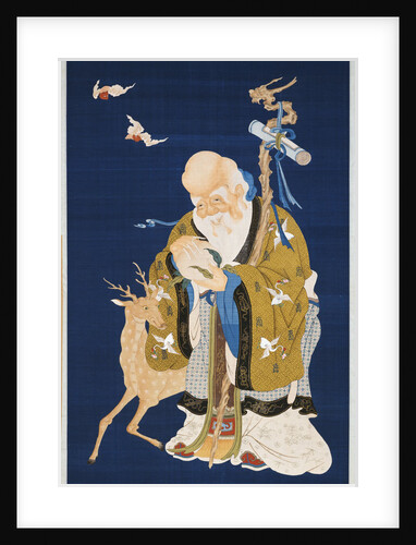 A large kesi hanging scroll depicting Shoulao holding a peach, embracing a rootwood staff with a dragon head beside a deer and two bats in flight by Anonymous