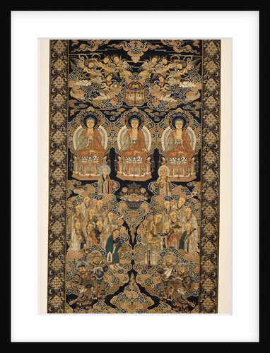 A rare silk brocade hanging of the Buddhist paradise, Lampas, with the Buddha in three mudras, representing the Past, Present and Future above Eighteen Luohans by Anonymous