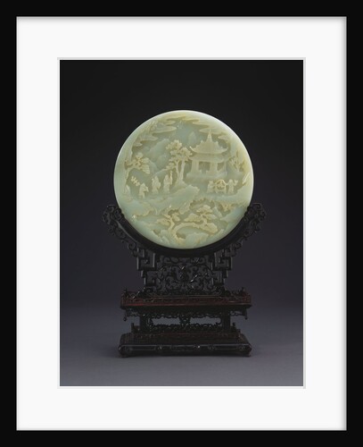 A white jade circular table screen depicting scholars approaching a pavilion by Anonymous