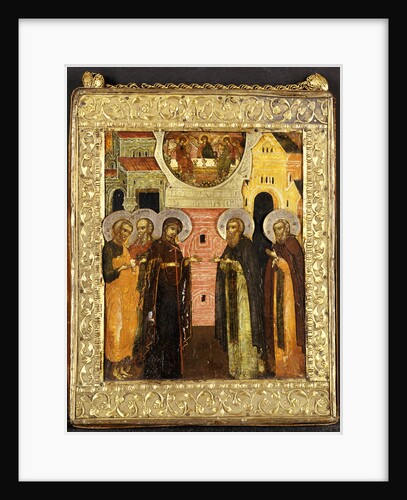 The Appearance of the Holy Mother of God to Saints Sergei and Nikon, Depicted full length, in Front of an Architectural Facade, with the Old Testament Trinity Above by Anonymous