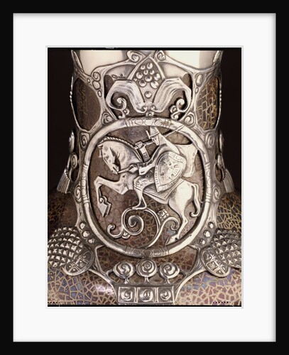 Detail from a Faberge Russian Pan-Slavic style silver-mounted art pottery vase depicting a mounted knight in armour by Anonymous