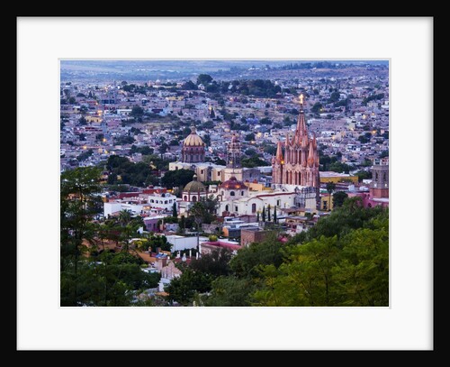 Evening City View from above City with Parroquia Archangel Church San Miguel de Allende by Anonymous