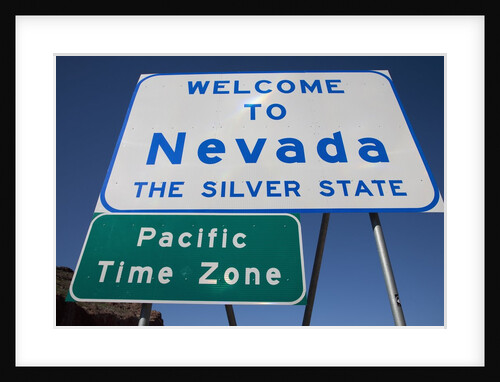 Welcome to Nevada - the Silver State Road sign and "Pacific Time Zone" sign by Anonymous