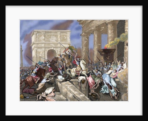 Sack of Rome by the Visigoths led by Alaric I in 410. Colored engraving. by Anonymous