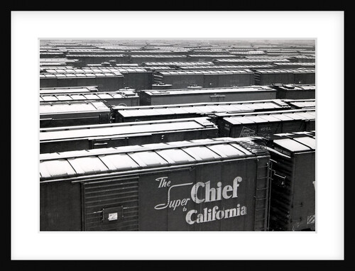 Railroad boxcars in rail yard, Chicago, Illinois, USA, ca. 1950 by Anonymous