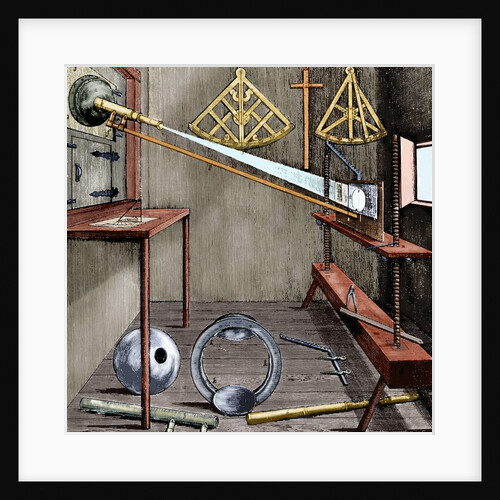 Observatory and astronomical instruments by Johannes Hevelius (1611-1687). Engraving. Colored. by Anonymous