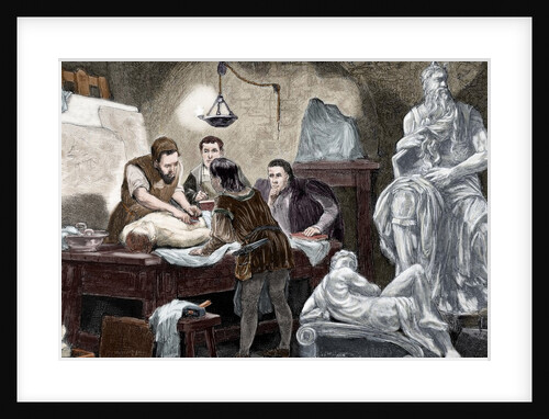 Michelangelo explaining anatomy to his disciples. Engraving. Colored. by Anonymous