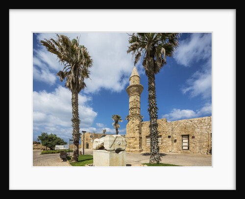Caesarea Harbor National Park, Crusader City, a roman sarcophagus adorned with rosettes and the minaret of Bosnian Mosque by Anonymous