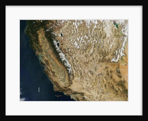 Satellite view of California and Nevada showing early season snow in the Sierra Nevada Mountains by Anonymous