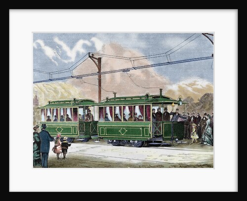 Electric streetcar. Nineteenth-century colored engraving. by Anonymous