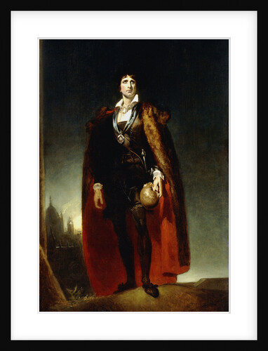Portrait of John Kemble as Hamlet, standing full-length in a Landscape, wearing a cape and holding a skull by Sir Thomas Lawrence