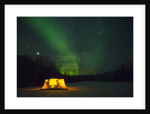 Two campers drinking a bottle of wine in a tent under the northern lights by Anonymous