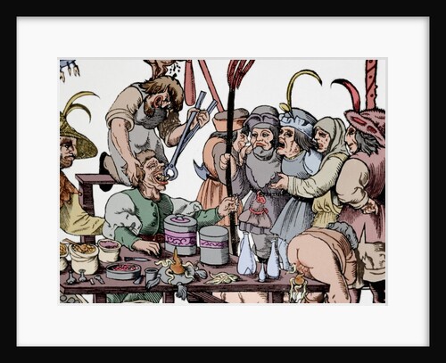 History of medicine. Dentist. Middle Ages. Satire. Engraving. 12th century. Colored. by Anonymous