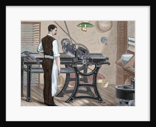 History of medicine. Machinery. Cartoning pills. Engraving. 19th century. Colored. by Anonymous