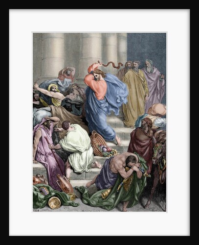 Jesus drives the merchants from the Temple. Engraving. Colored. by Anonymous