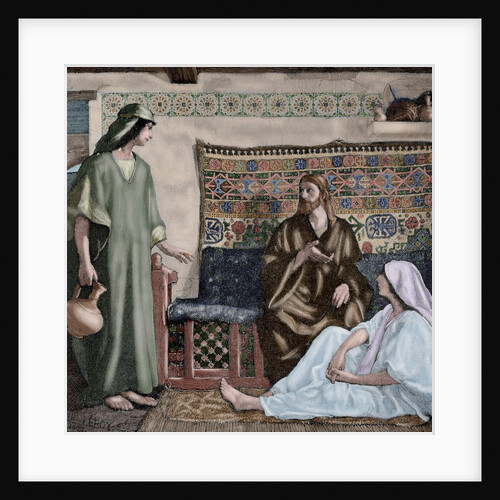 Jesus in the House of Martha and Mary. Engraving. Colored. by Anonymous