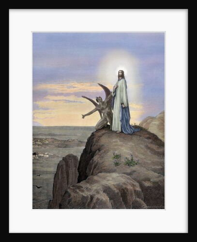 Jesus tempted by the Devil. Engraving. Colored. by Anonymous