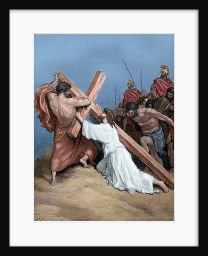 Jesus fall under the weight of the cross. Engraving. 19th century. Colored. by Anonymous