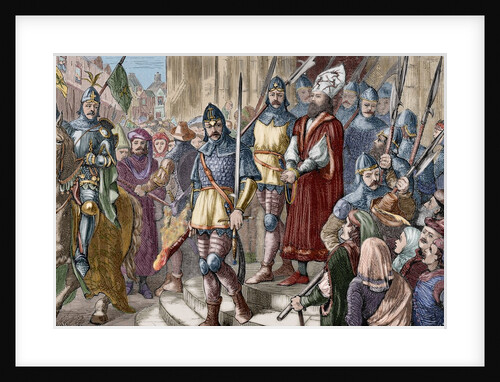 Jerome of Prague (1360-1416) marching to execution. Engraving. Colored. by Anonymous