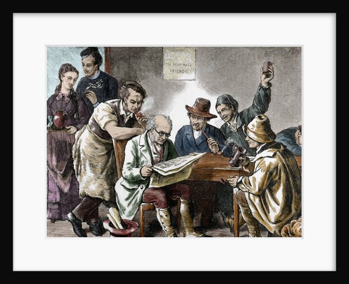 Reading the newspaper in the tavern. Colored engraving, 1876. by Anonymous
