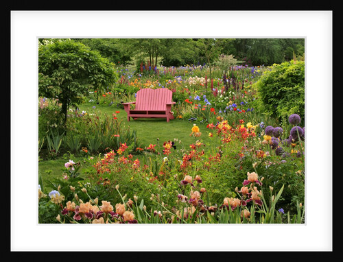 Pink chair in flower garden by Anonymous