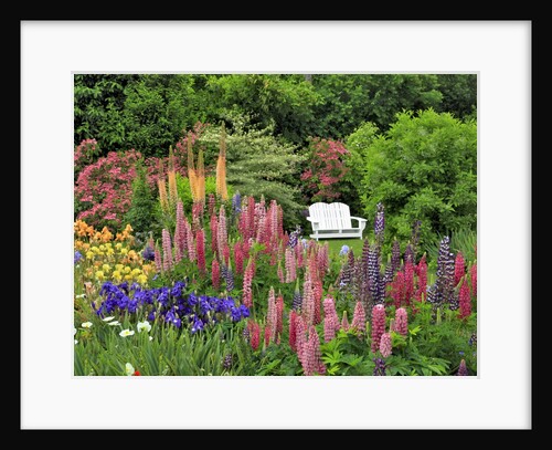 White chair in flower garden by Anonymous