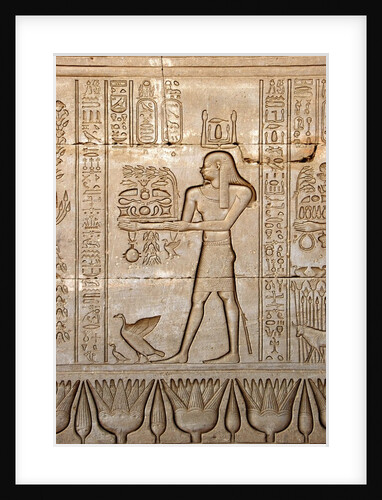 Ancient Egyptian sunken relief depicting man carrying offerings to the goddess Hathor by Anonymous
