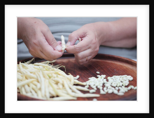 Woman selecting and separating green beans from pods by Anonymous