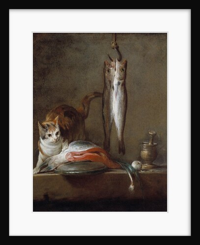 Cat with a slice of salmon, two mackerels, mortar and pestle by Jean Baptiste Simeon Chardin
