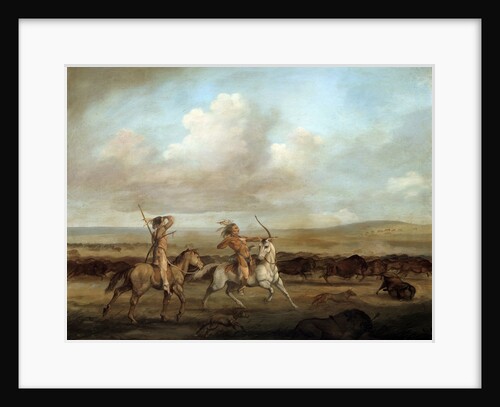 Native Americans on horseback hunting bison by George Catlin
