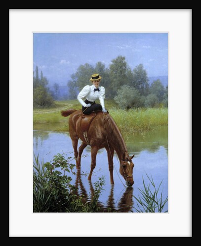 A young woman riding stops for her horse to drink by Anonymous