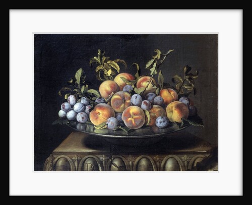 Peaches and plums in a pewter plate by Pierre Dupuis