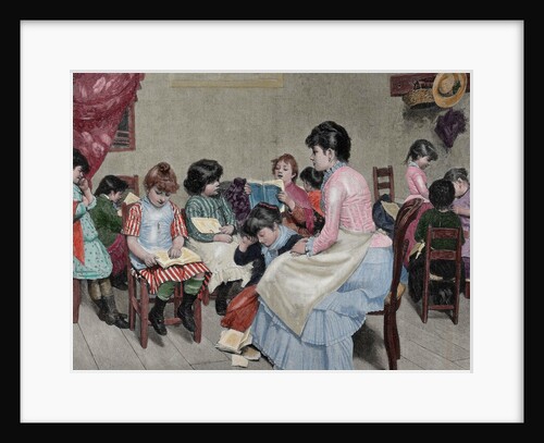 Girls' school. Engraving, 19th century. "La Ilustracion Espanola y Americana". Colored. by Anonymous