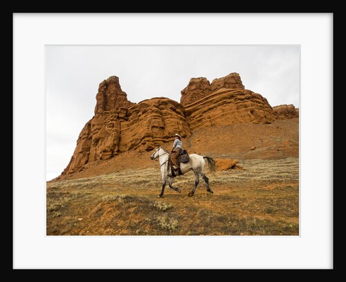 Cowgirl at Full Gallop with red rock hills by Anonymous