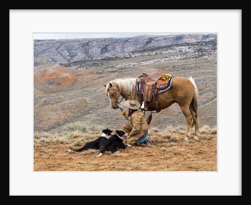 Cowgirl and Her Horse with dog viewing the countryside by Anonymous