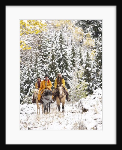 Cowgirls and Cowboy riding in Autumn Aspens with a fresh snowfall by Anonymous