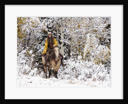 Cowgirl riding in Autumn Aspens with a fresh snowfall by Anonymous