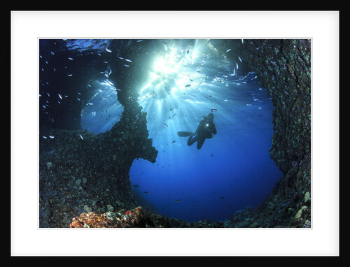 scuba diver swimming through an arch by Anonymous