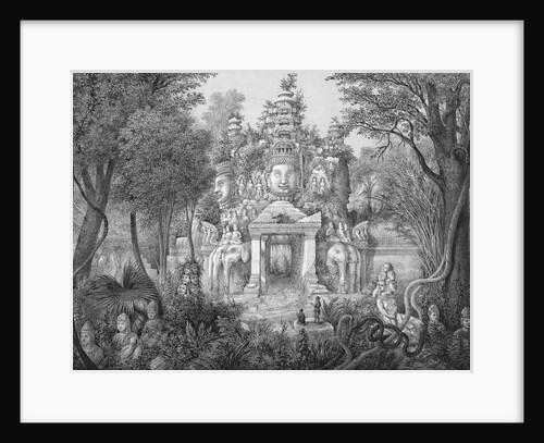 19c Print of the Elephant Gateway with Khmer Buddhists at Temple of Angkor Thom by Anonymous
