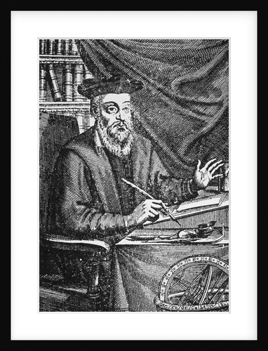 Engraving of Nostradamus Writing His Prophecies by Jean Sauve