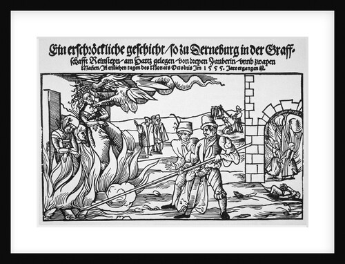 16th Century Print of People Burning Three Witches Alive by Anonymous
