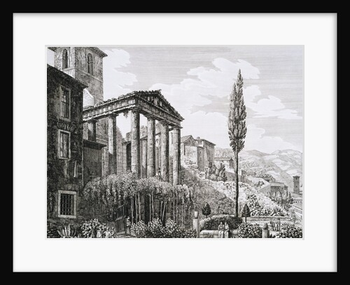 Etching of Temple of Hercules with Tourists and Gardens by Luigi Rossini
