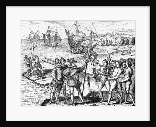 Etching of Spanish Explorers and Indigenous People by Bertrand