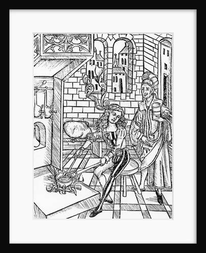Woodcut Print of a Medieval Apothecary Cooking on a Stove by Anonymous