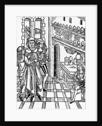 Woodcut Print of a Scene in a Medieval Apothecary Shop by Anonymous