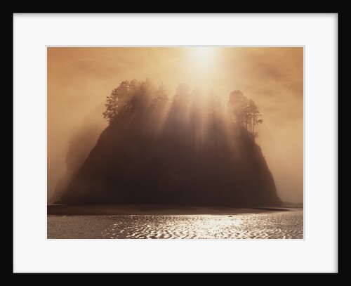 Sun Beams Breaking through Fog over Sea Stack by Anonymous